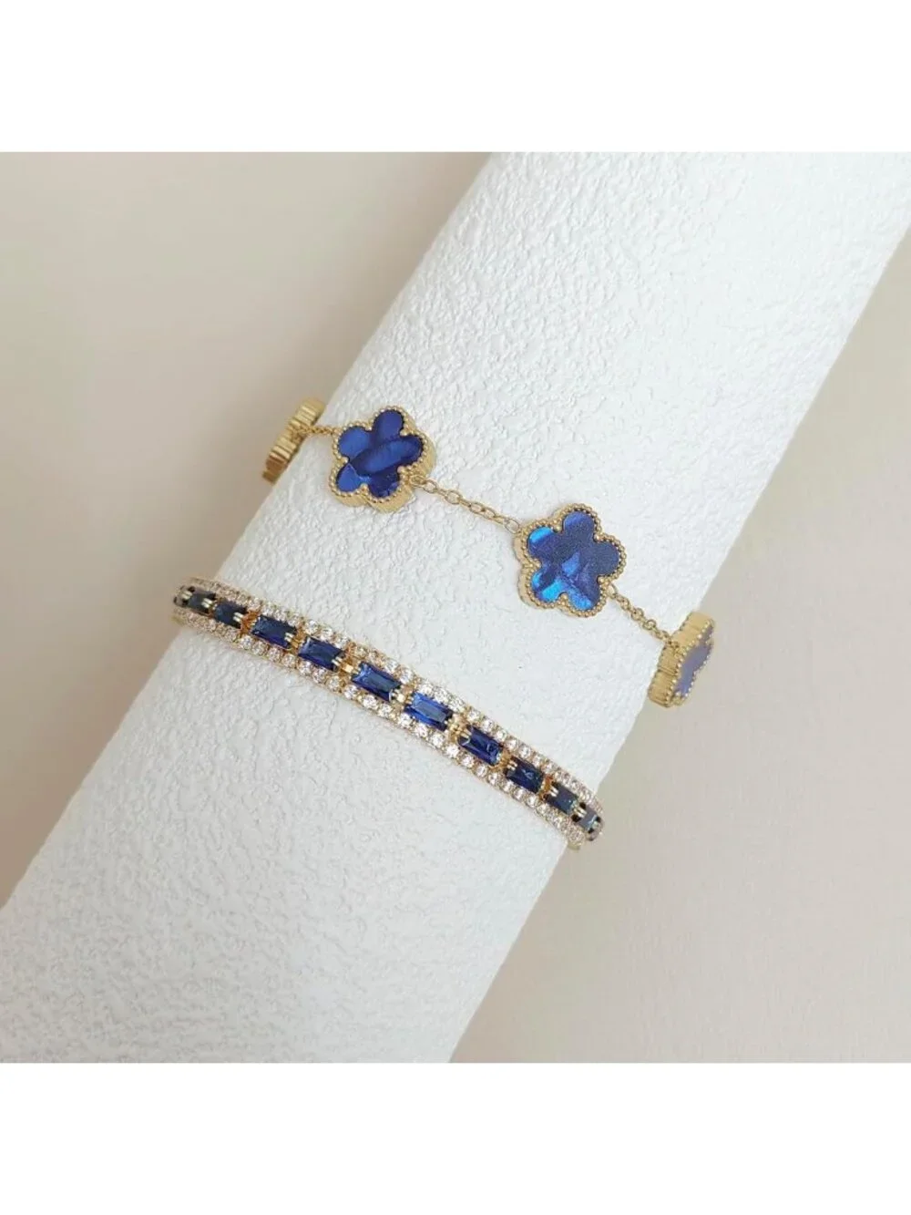 Multicolored CZ Tennis & Flower Bracelet Set - 2Pcs Women's Stacked Jewelry